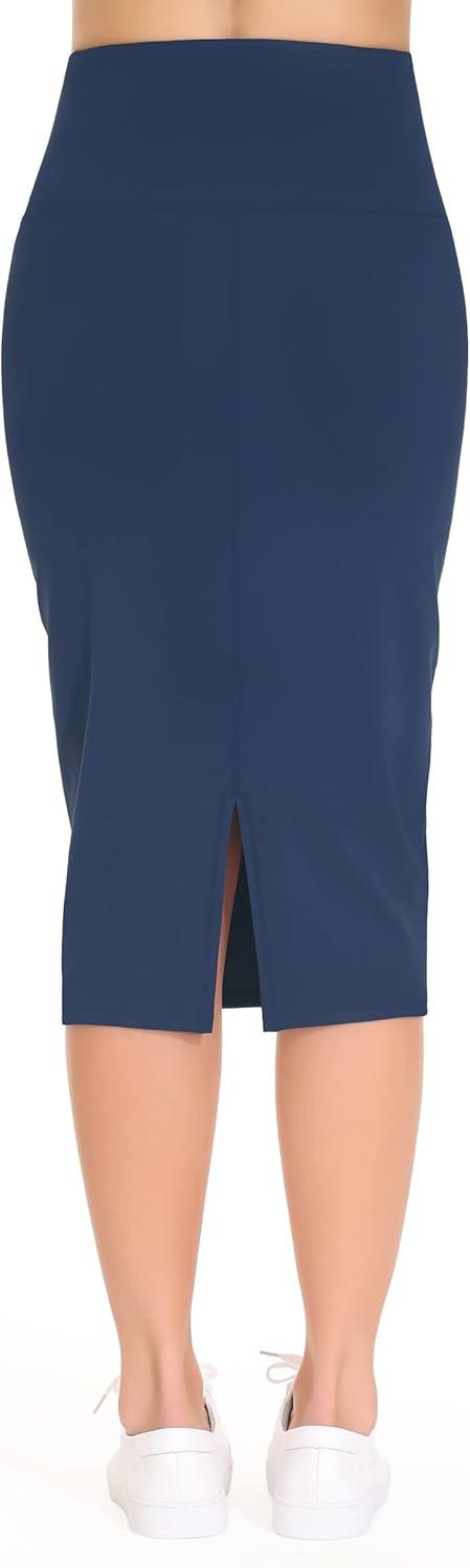 imageTHE GYM PEOPLE Womens High Waist Tummy Control Pencil Skirts Stretchy Bodycon Midi Skirt Below Knee with Back SlitBlue