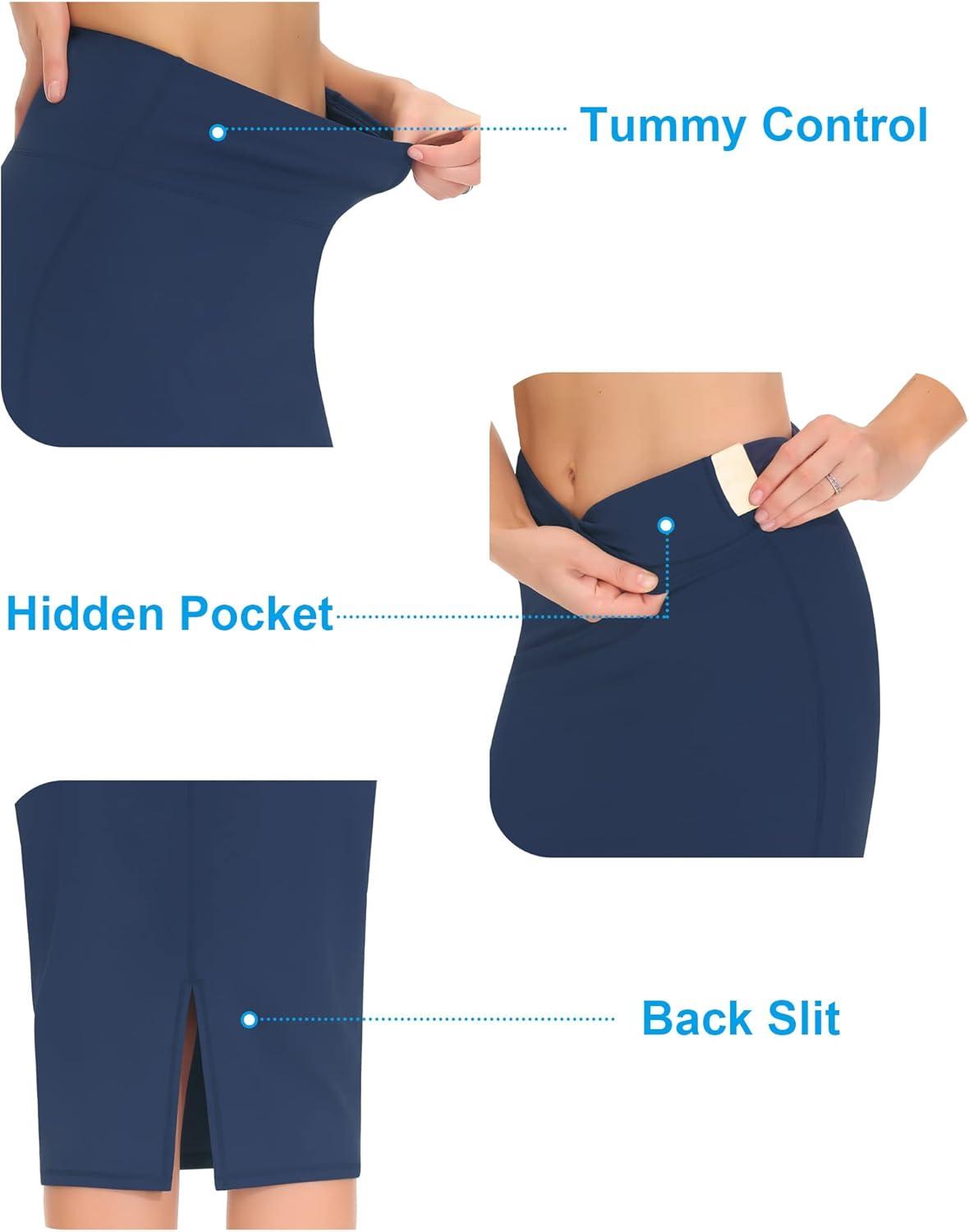 imageTHE GYM PEOPLE Womens High Waist Tummy Control Pencil Skirts Stretchy Bodycon Midi Skirt Below Knee with Back SlitBlue