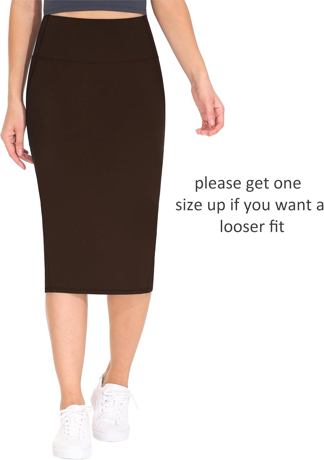 imageTHE GYM PEOPLE Womens High Waist Tummy Control Pencil Skirts Stretchy Bodycon Midi Skirt Below Knee with Back SlitBrown