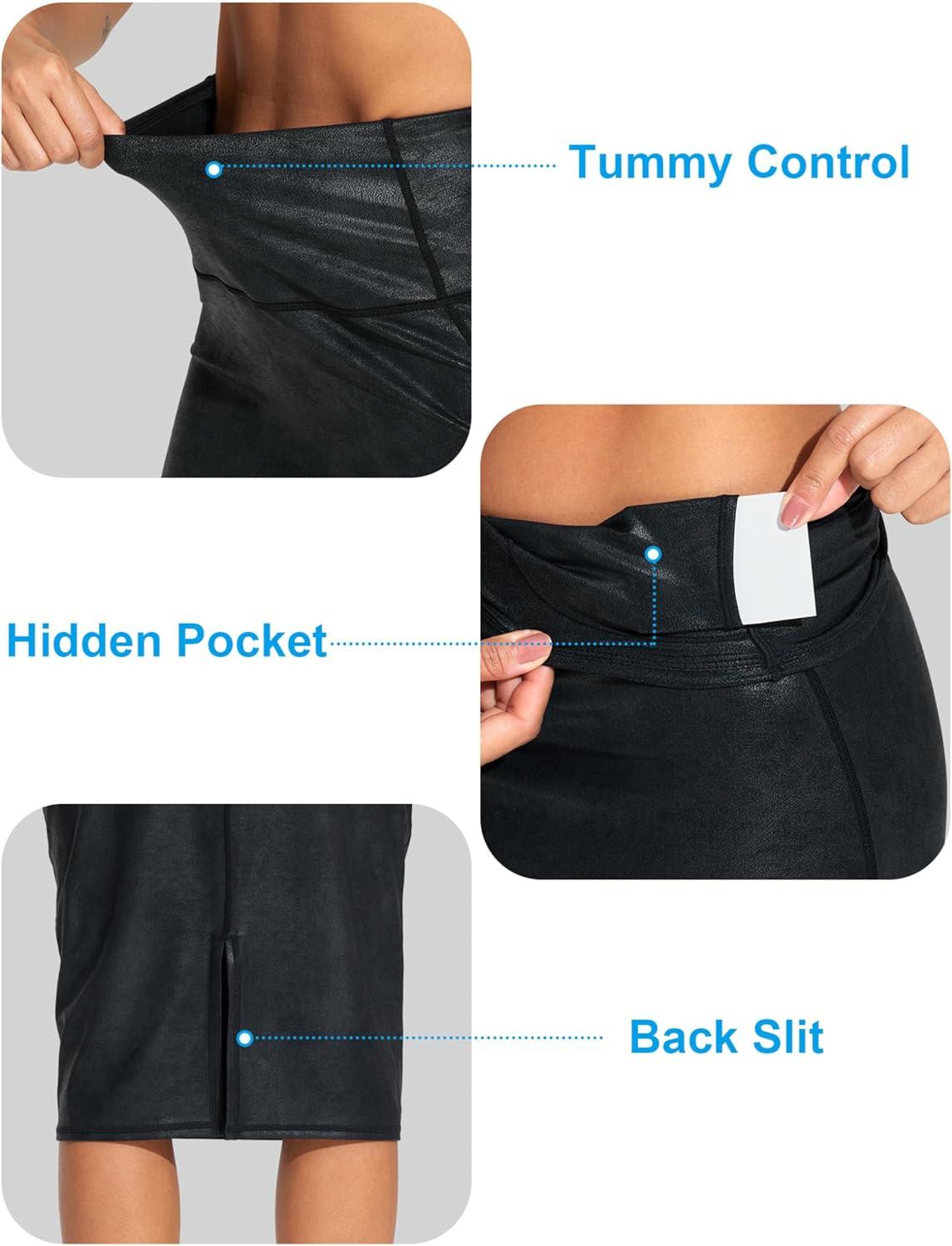imageTHE GYM PEOPLE Womens High Waist Tummy Control Pencil Skirts Stretchy Bodycon Midi Skirt Below Knee with Back SlitFaux Leather Coated