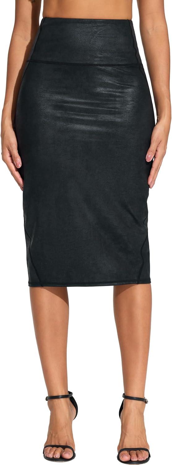 imageTHE GYM PEOPLE Womens High Waist Tummy Control Pencil Skirts Stretchy Bodycon Midi Skirt Below Knee with Back SlitFaux Leather Coated