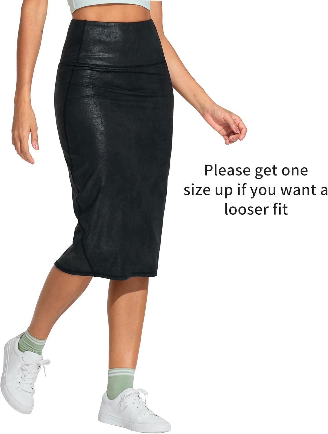 imageTHE GYM PEOPLE Womens High Waist Tummy Control Pencil Skirts Stretchy Bodycon Midi Skirt Below Knee with Back SlitFaux Leather Coated