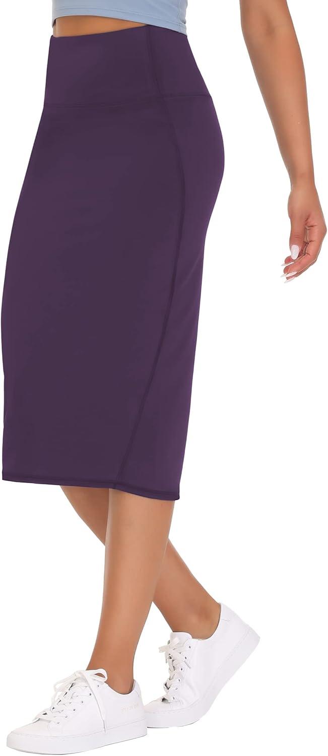 imageTHE GYM PEOPLE Womens High Waist Tummy Control Pencil Skirts Stretchy Bodycon Midi Skirt Below Knee with Back SlitGrape Purple