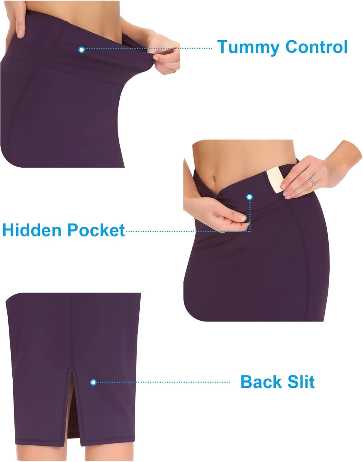 imageTHE GYM PEOPLE Womens High Waist Tummy Control Pencil Skirts Stretchy Bodycon Midi Skirt Below Knee with Back SlitGrape Purple