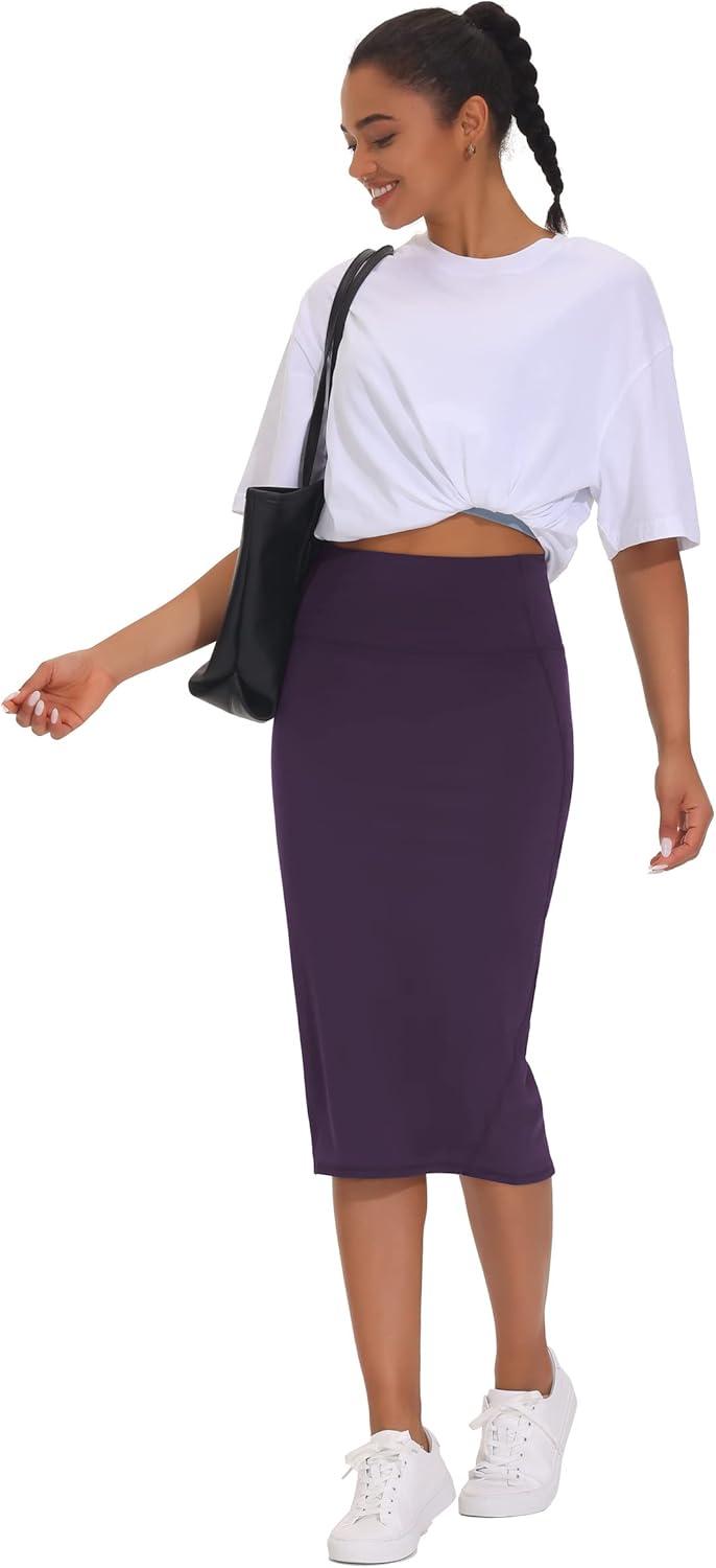 imageTHE GYM PEOPLE Womens High Waist Tummy Control Pencil Skirts Stretchy Bodycon Midi Skirt Below Knee with Back SlitGrape Purple