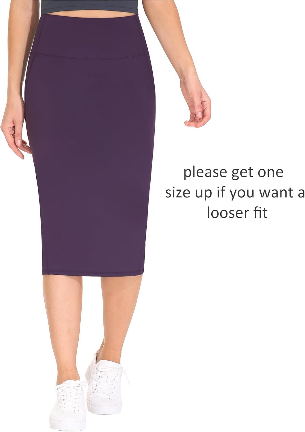 imageTHE GYM PEOPLE Womens High Waist Tummy Control Pencil Skirts Stretchy Bodycon Midi Skirt Below Knee with Back SlitGrape Purple