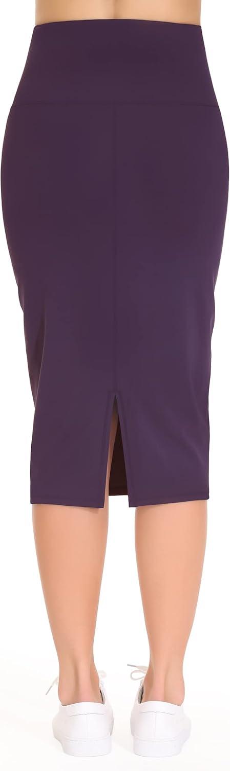 imageTHE GYM PEOPLE Womens High Waist Tummy Control Pencil Skirts Stretchy Bodycon Midi Skirt Below Knee with Back SlitGrape Purple