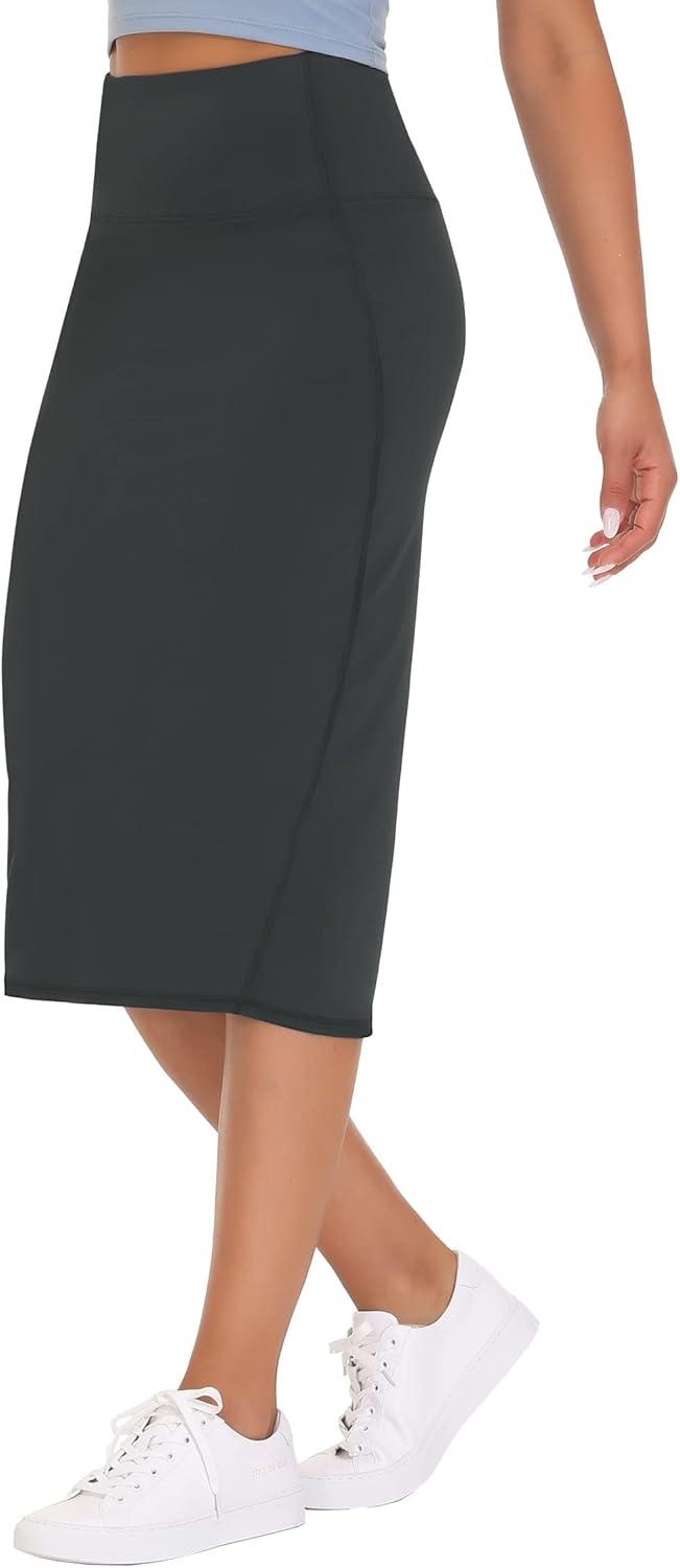 imageTHE GYM PEOPLE Womens High Waist Tummy Control Pencil Skirts Stretchy Bodycon Midi Skirt Below Knee with Back SlitGrey