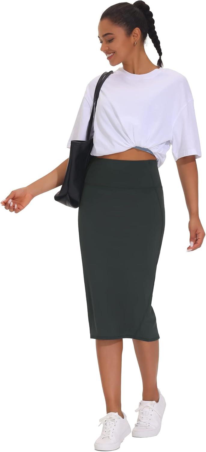 imageTHE GYM PEOPLE Womens High Waist Tummy Control Pencil Skirts Stretchy Bodycon Midi Skirt Below Knee with Back SlitGrey