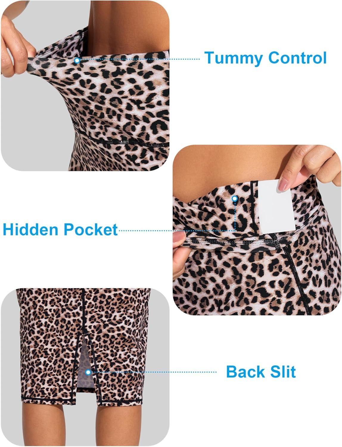 imageTHE GYM PEOPLE Womens High Waist Tummy Control Pencil Skirts Stretchy Bodycon Midi Skirt Below Knee with Back SlitLeopard