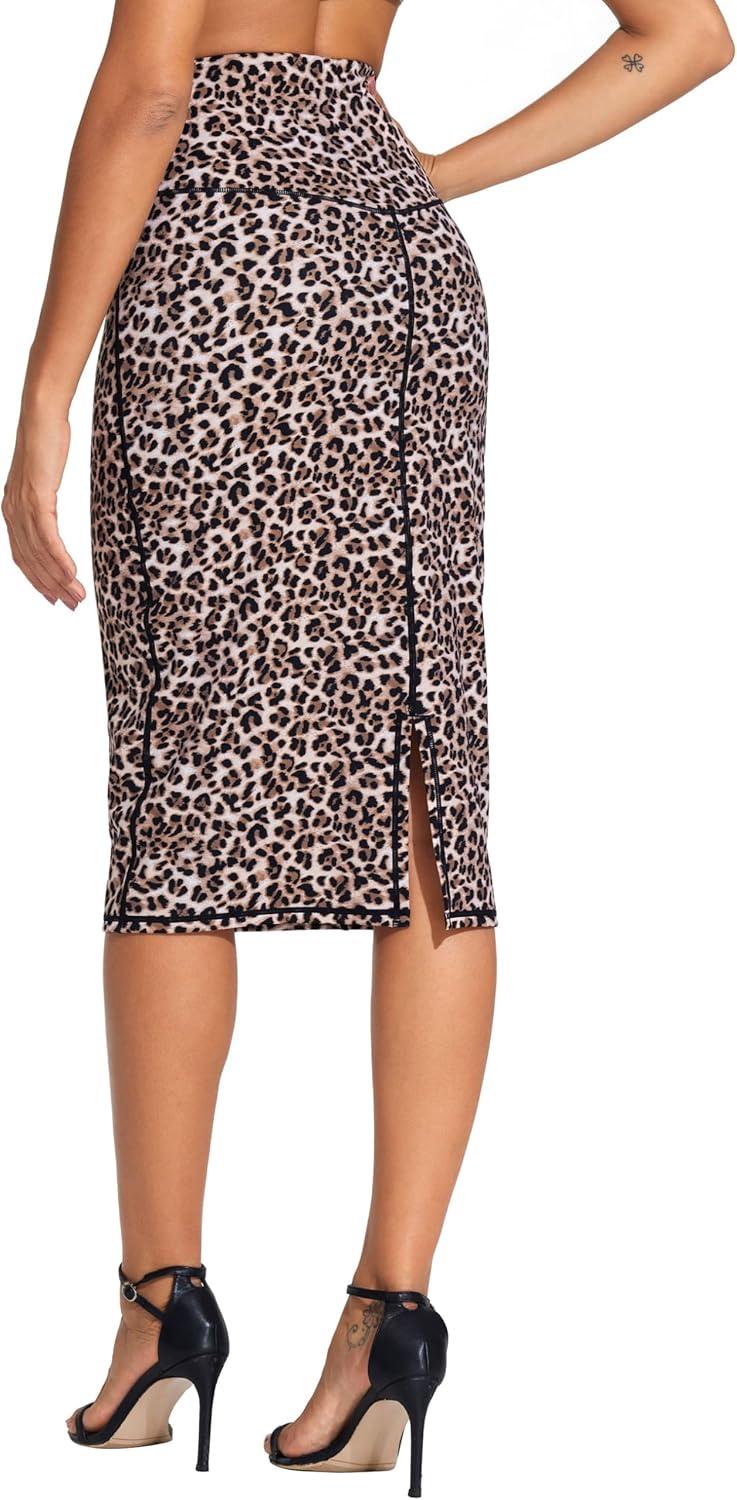 imageTHE GYM PEOPLE Womens High Waist Tummy Control Pencil Skirts Stretchy Bodycon Midi Skirt Below Knee with Back SlitLeopard