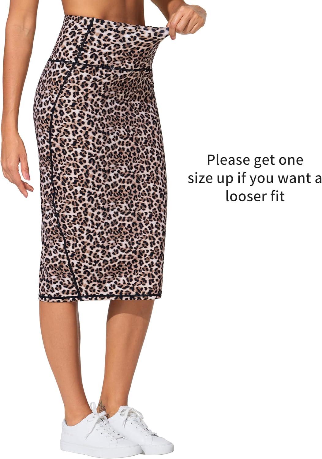 imageTHE GYM PEOPLE Womens High Waist Tummy Control Pencil Skirts Stretchy Bodycon Midi Skirt Below Knee with Back SlitLeopard
