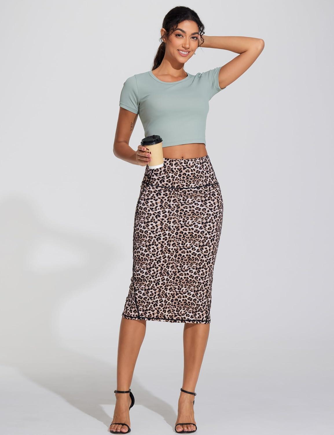 imageTHE GYM PEOPLE Womens High Waist Tummy Control Pencil Skirts Stretchy Bodycon Midi Skirt Below Knee with Back SlitLeopard