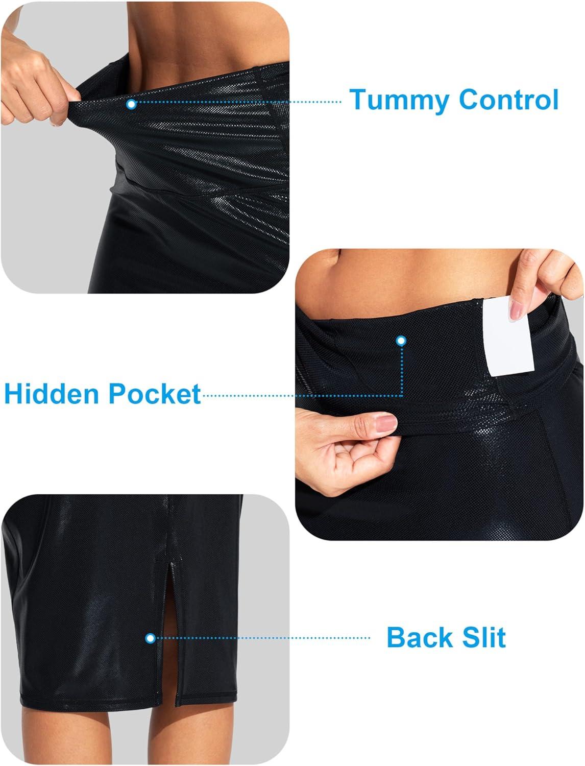 imageTHE GYM PEOPLE Womens High Waist Tummy Control Pencil Skirts Stretchy Bodycon Midi Skirt Below Knee with Back SlitLight Leather