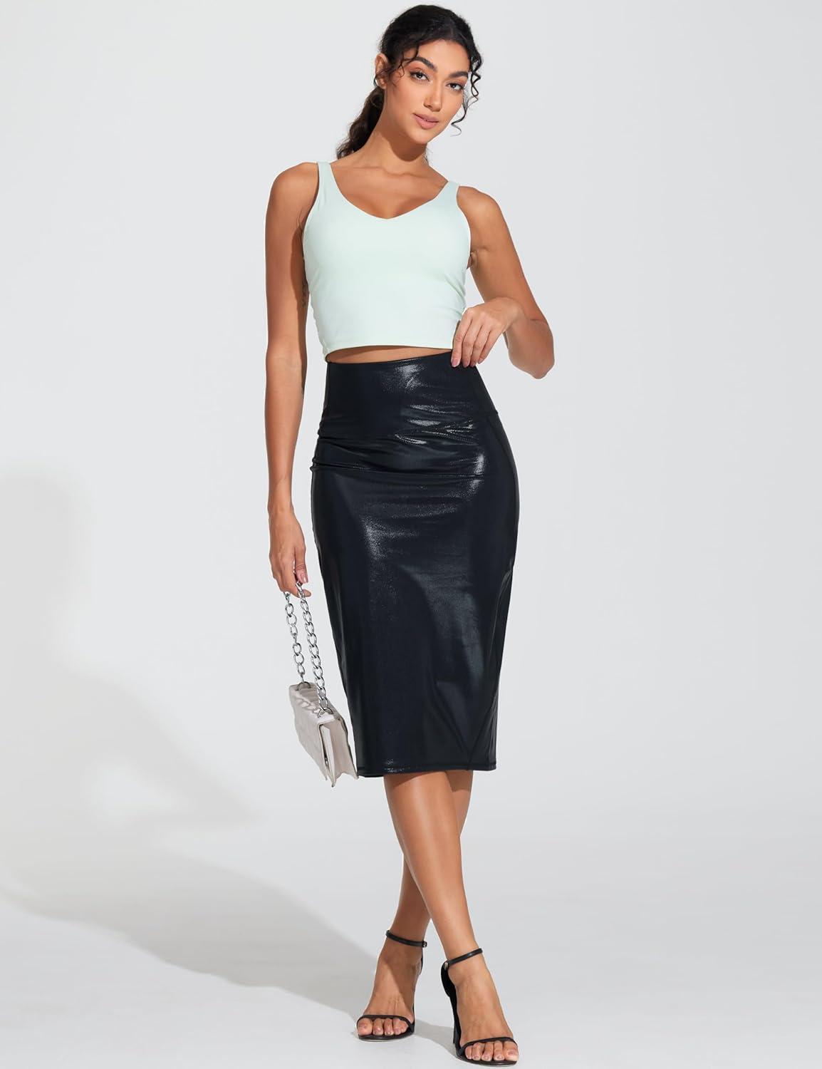 imageTHE GYM PEOPLE Womens High Waist Tummy Control Pencil Skirts Stretchy Bodycon Midi Skirt Below Knee with Back SlitLight Leather