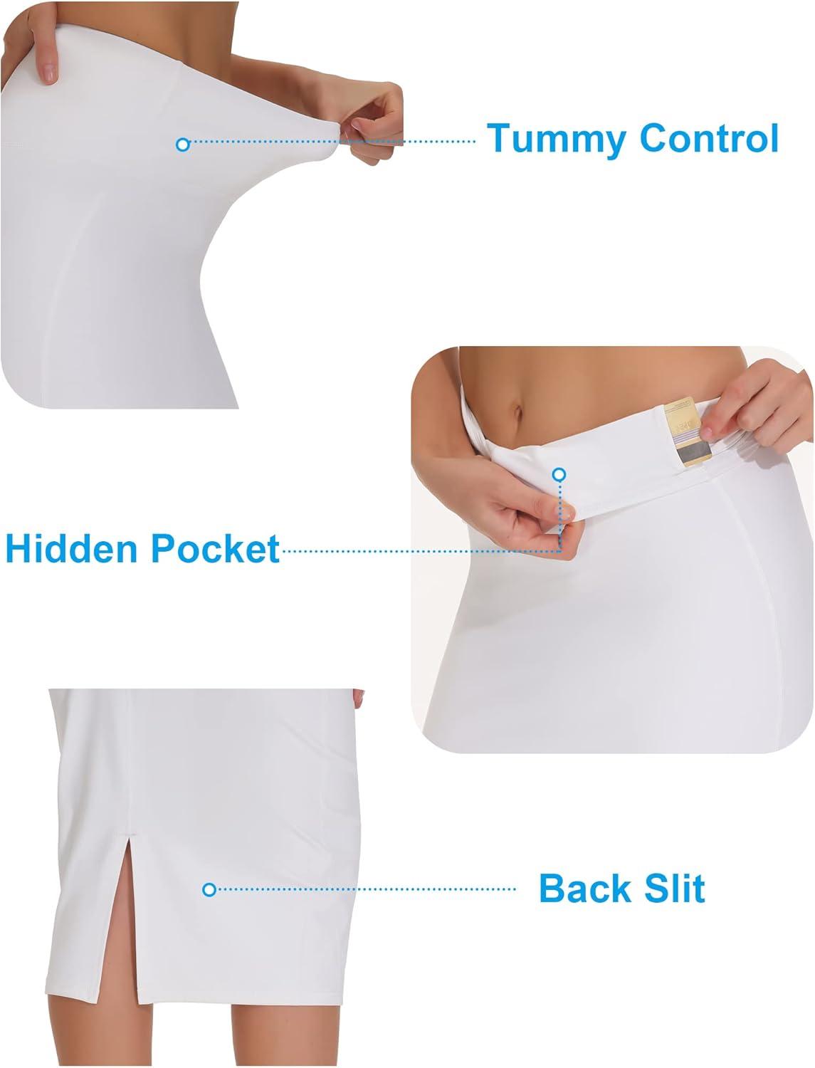 imageTHE GYM PEOPLE Womens High Waist Tummy Control Pencil Skirts Stretchy Bodycon Midi Skirt Below Knee with Back SlitWhite