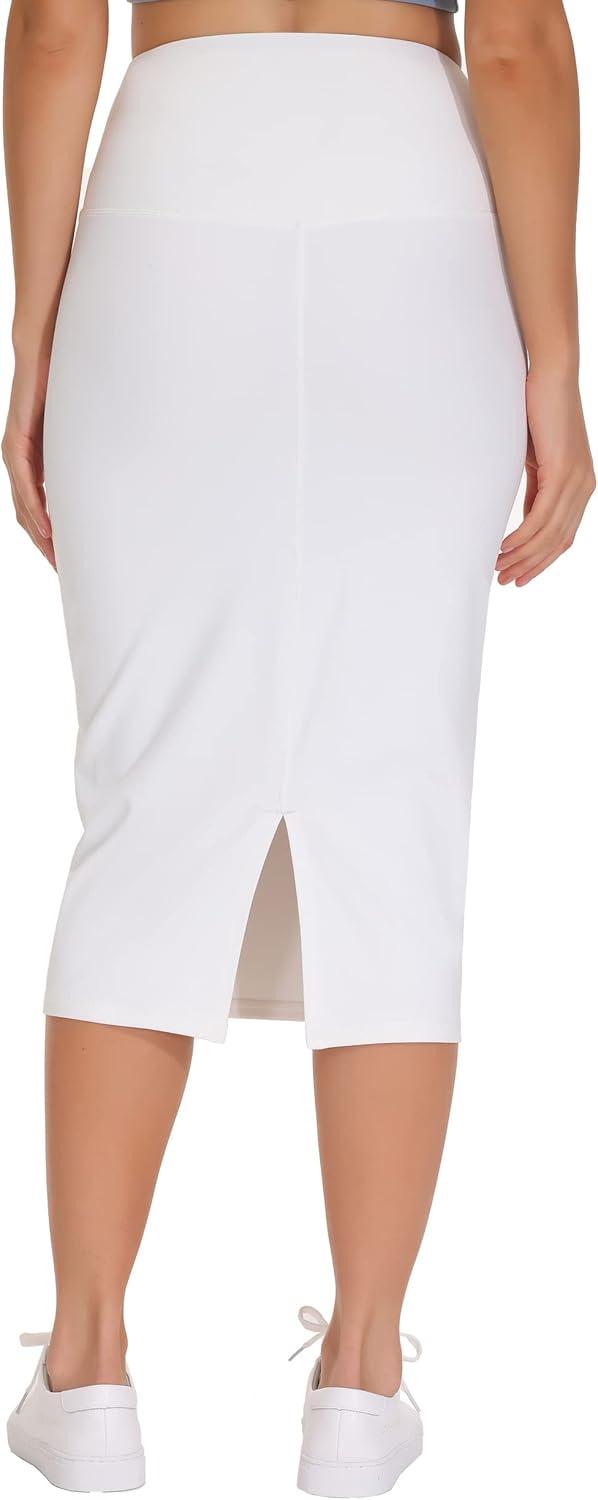 imageTHE GYM PEOPLE Womens High Waist Tummy Control Pencil Skirts Stretchy Bodycon Midi Skirt Below Knee with Back SlitWhite