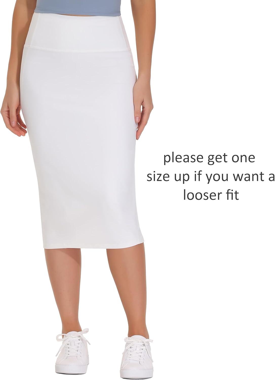 imageTHE GYM PEOPLE Womens High Waist Tummy Control Pencil Skirts Stretchy Bodycon Midi Skirt Below Knee with Back SlitWhite