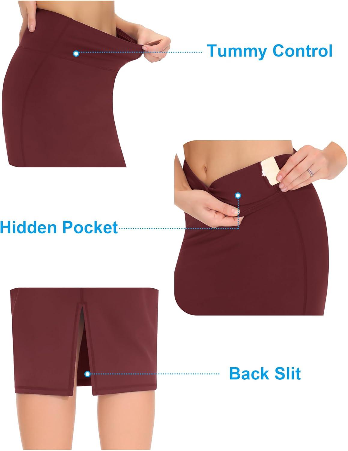 imageTHE GYM PEOPLE Womens High Waist Tummy Control Pencil Skirts Stretchy Bodycon Midi Skirt Below Knee with Back SlitWine Red