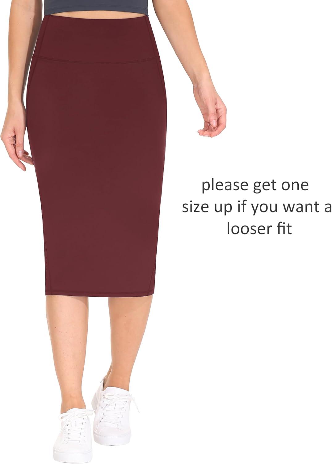 imageTHE GYM PEOPLE Womens High Waist Tummy Control Pencil Skirts Stretchy Bodycon Midi Skirt Below Knee with Back SlitWine Red