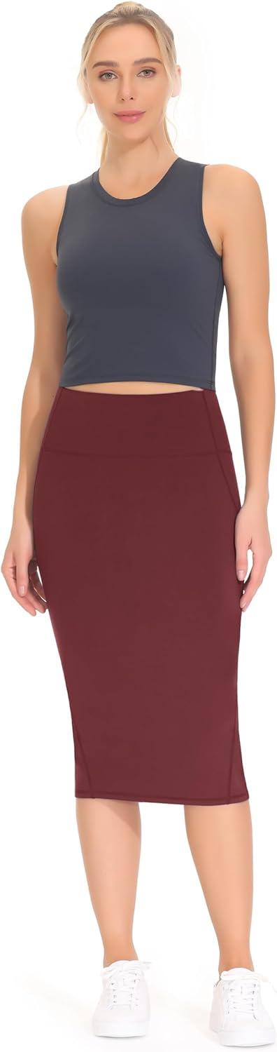 imageTHE GYM PEOPLE Womens High Waist Tummy Control Pencil Skirts Stretchy Bodycon Midi Skirt Below Knee with Back SlitWine Red