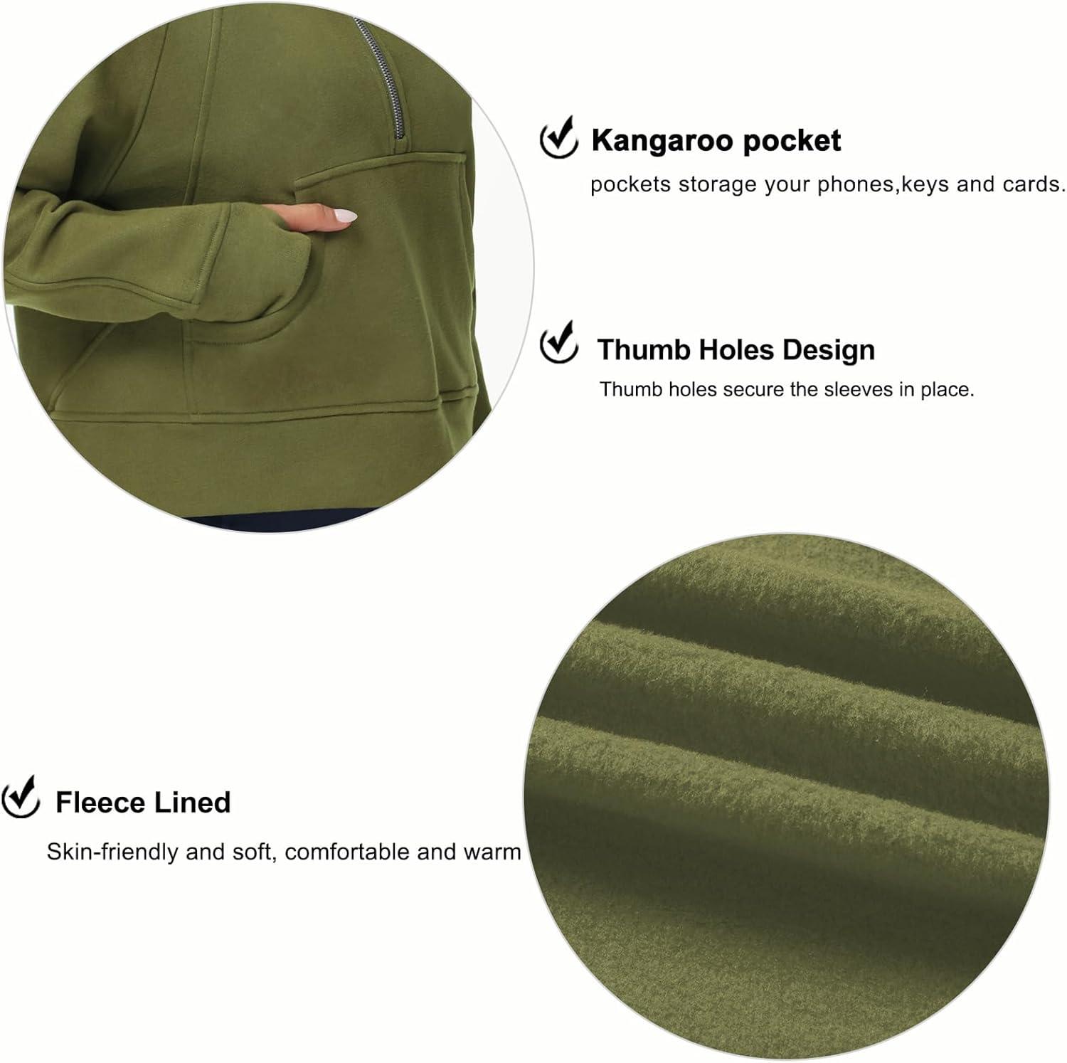 imageTHE GYM PEOPLE Womens Hoodies Half Zip Long Sleeve Fleece Crop Pullover Sweatshirts with Pockets Thumb HoleArmy Green