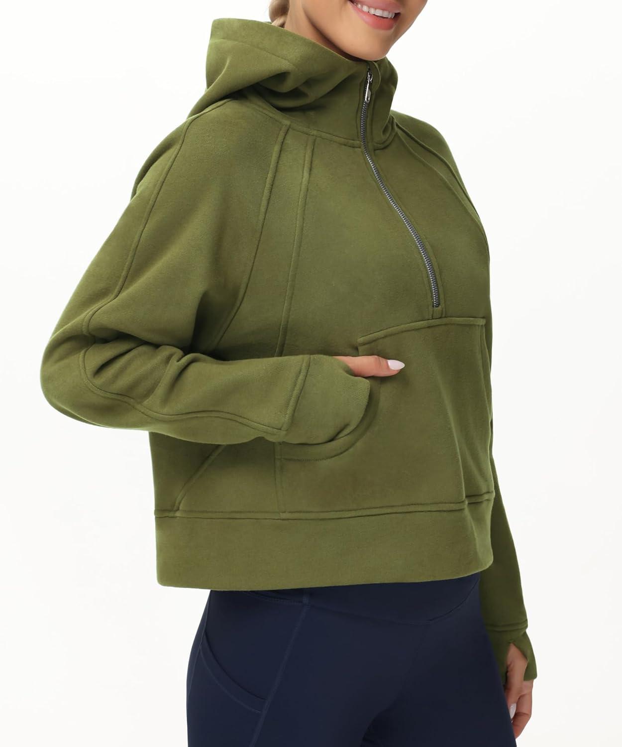 imageTHE GYM PEOPLE Womens Hoodies Half Zip Long Sleeve Fleece Crop Pullover Sweatshirts with Pockets Thumb HoleArmy Green