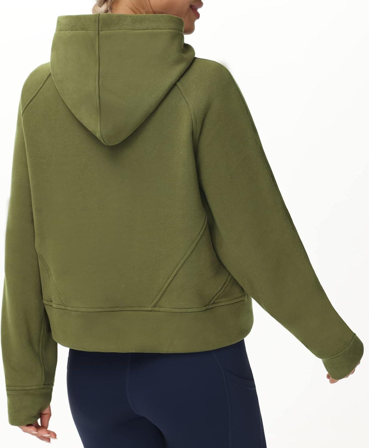 imageTHE GYM PEOPLE Womens Hoodies Half Zip Long Sleeve Fleece Crop Pullover Sweatshirts with Pockets Thumb HoleArmy Green