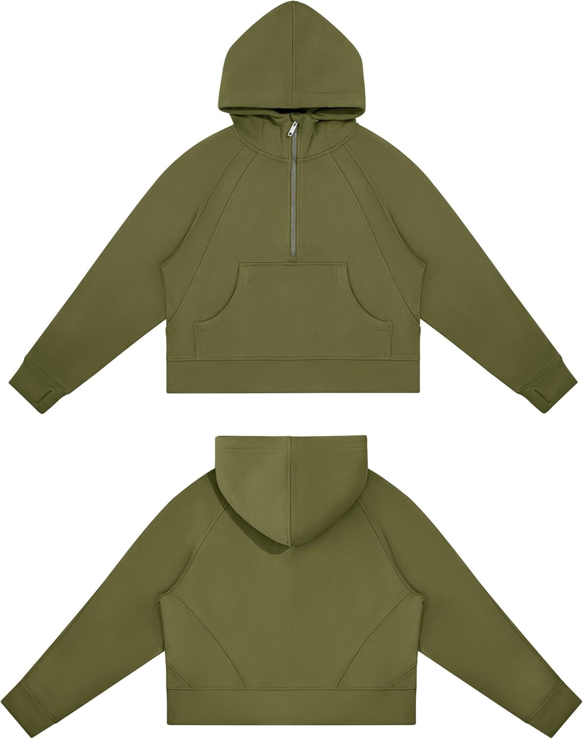 imageTHE GYM PEOPLE Womens Hoodies Half Zip Long Sleeve Fleece Crop Pullover Sweatshirts with Pockets Thumb HoleArmy Green