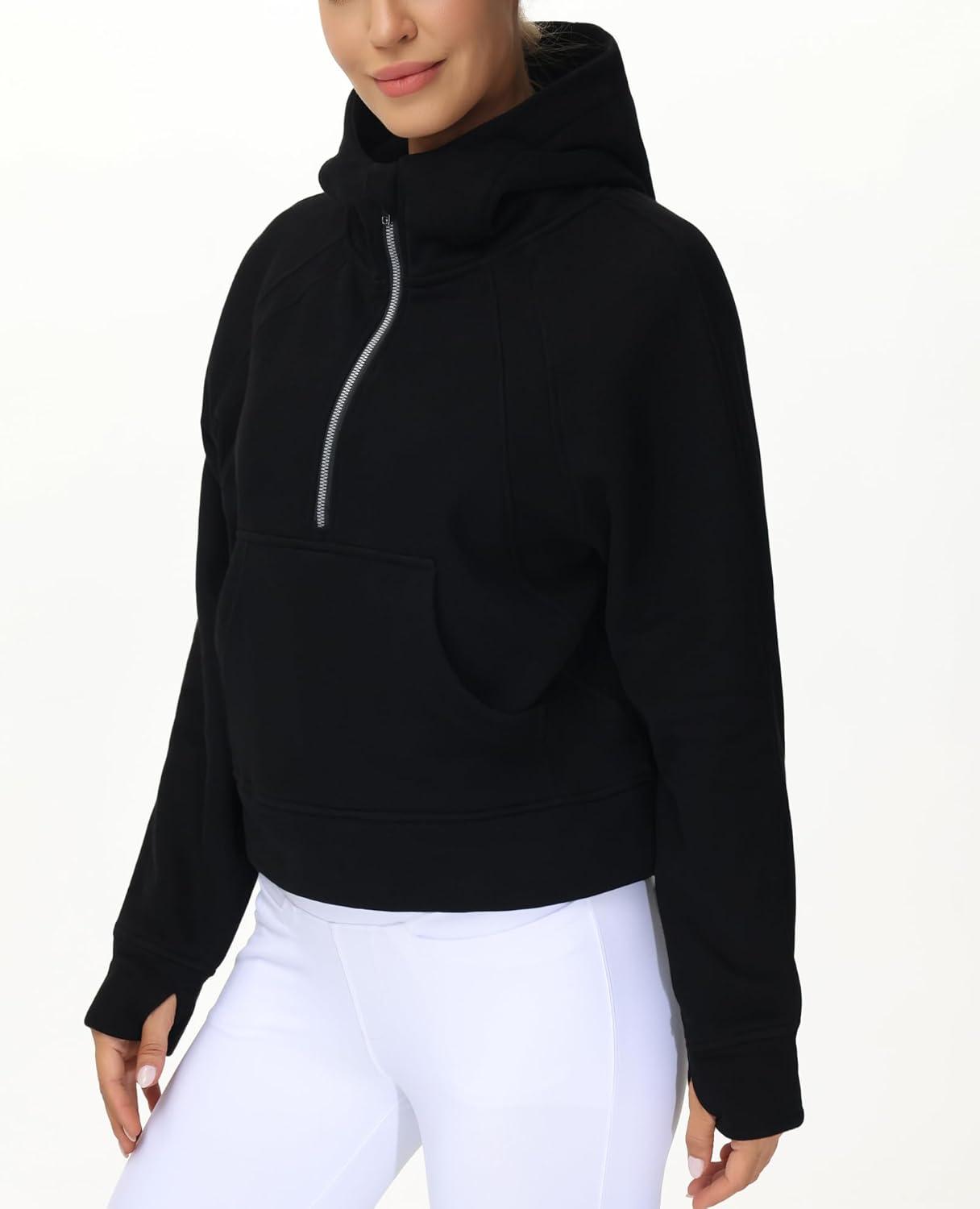 imageTHE GYM PEOPLE Womens Hoodies Half Zip Long Sleeve Fleece Crop Pullover Sweatshirts with Pockets Thumb HoleBlack