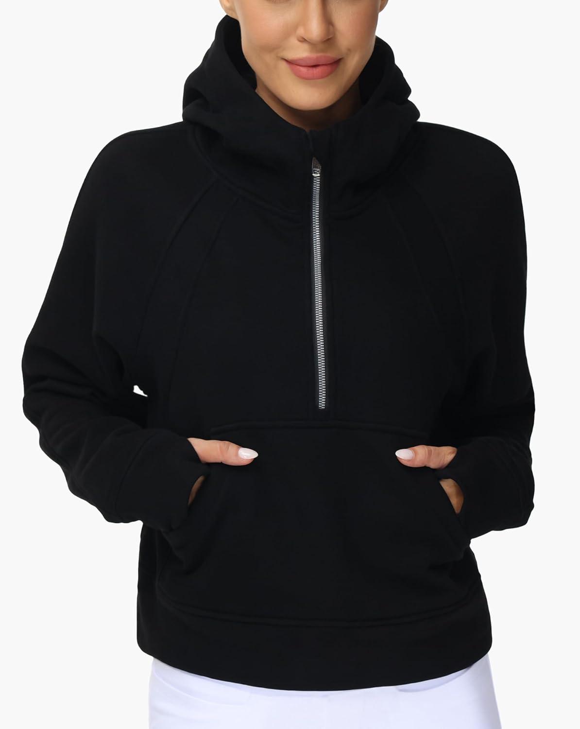 imageTHE GYM PEOPLE Womens Hoodies Half Zip Long Sleeve Fleece Crop Pullover Sweatshirts with Pockets Thumb HoleBlack