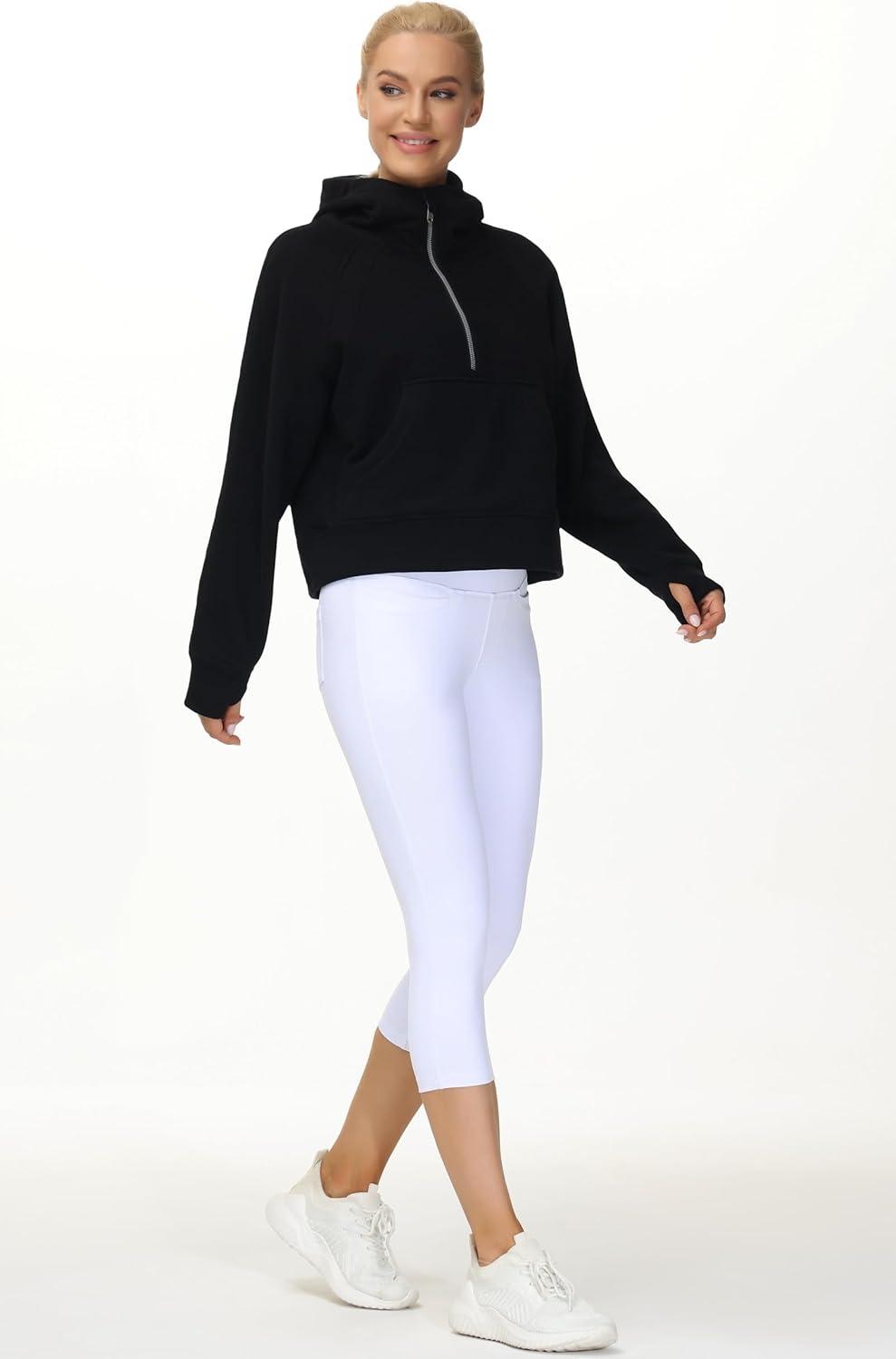 imageTHE GYM PEOPLE Womens Hoodies Half Zip Long Sleeve Fleece Crop Pullover Sweatshirts with Pockets Thumb HoleBlack