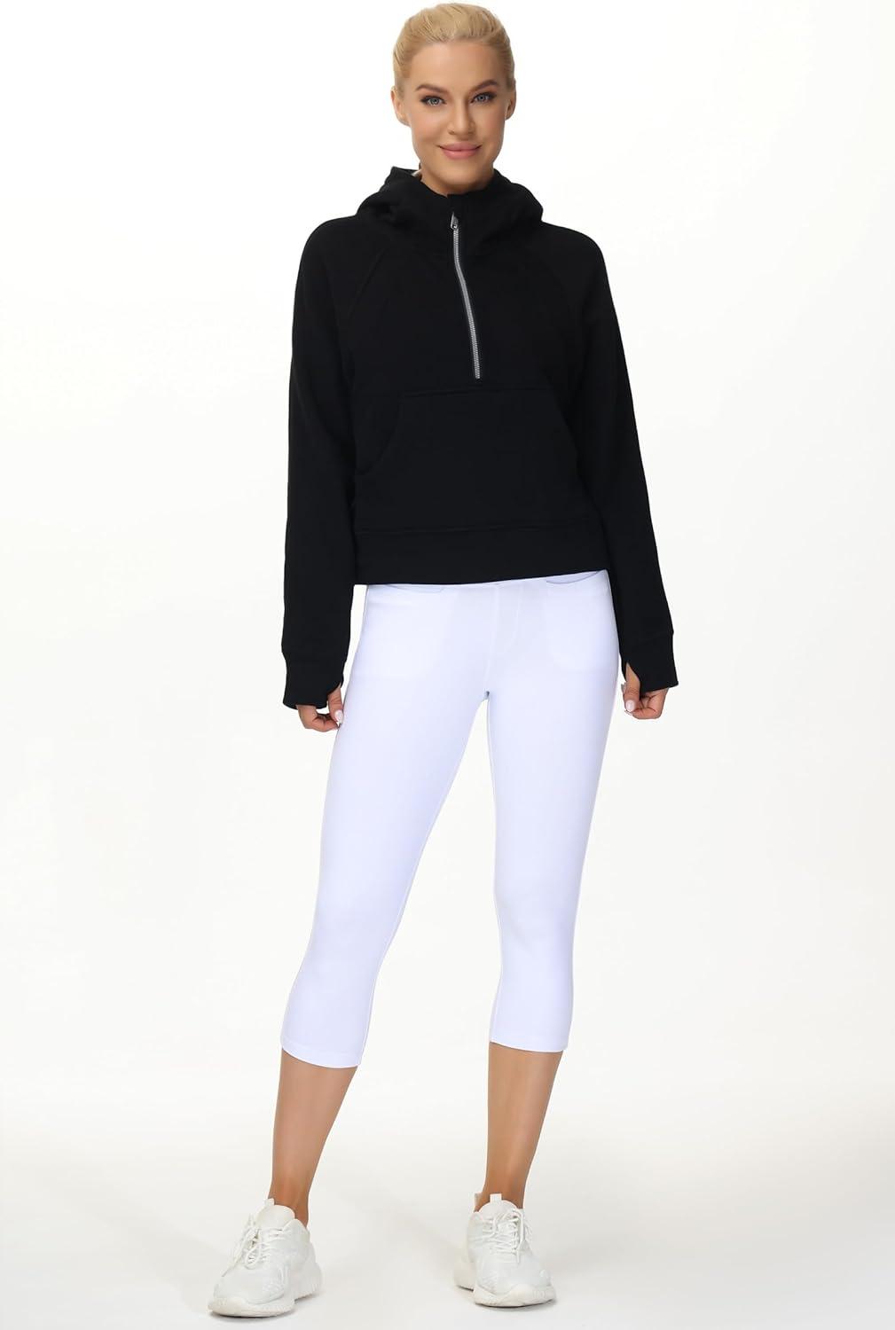 imageTHE GYM PEOPLE Womens Hoodies Half Zip Long Sleeve Fleece Crop Pullover Sweatshirts with Pockets Thumb HoleBlack