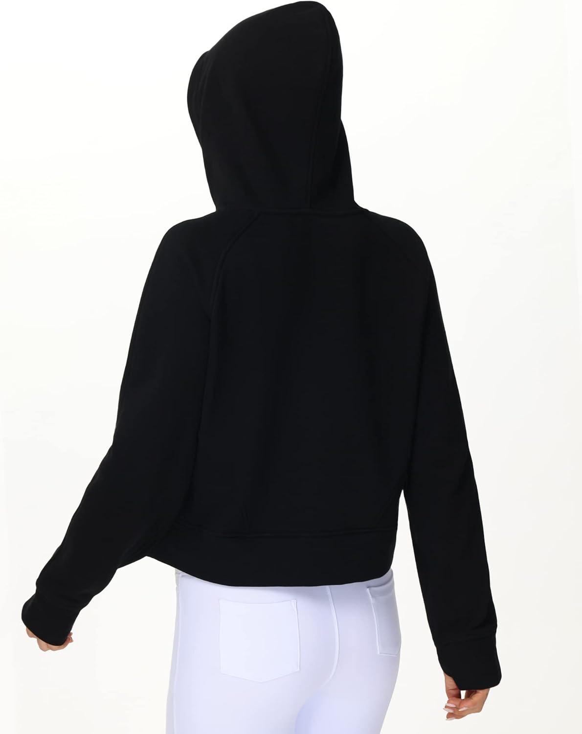 imageTHE GYM PEOPLE Womens Hoodies Half Zip Long Sleeve Fleece Crop Pullover Sweatshirts with Pockets Thumb HoleBlack