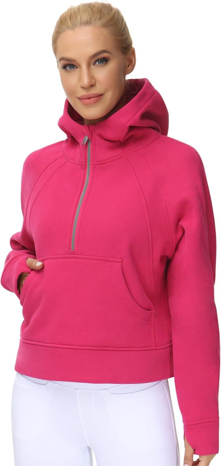 imageTHE GYM PEOPLE Womens Hoodies Half Zip Long Sleeve Fleece Crop Pullover Sweatshirts with Pockets Thumb HoleBright Pink