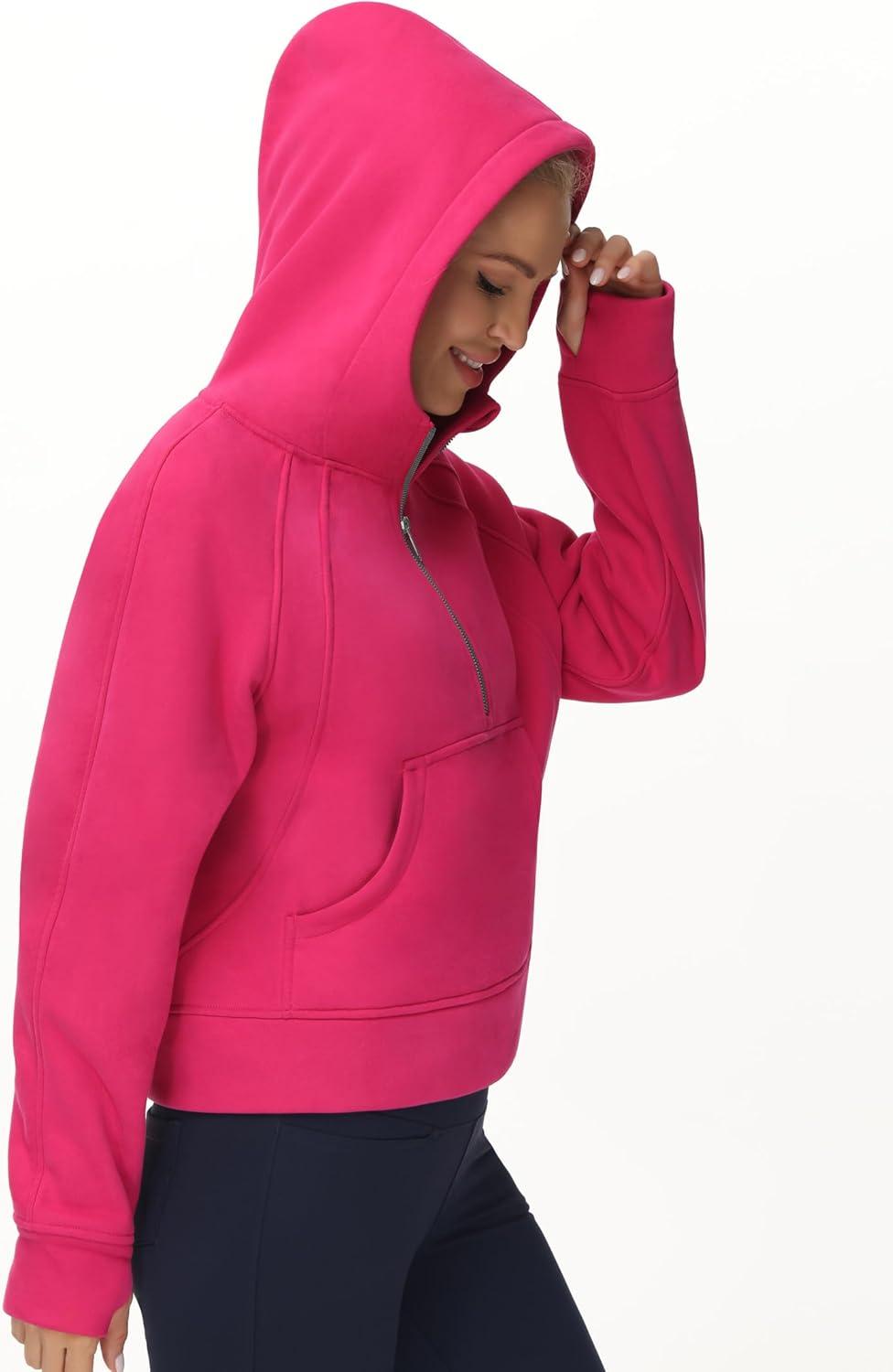 imageTHE GYM PEOPLE Womens Hoodies Half Zip Long Sleeve Fleece Crop Pullover Sweatshirts with Pockets Thumb HoleBright Pink