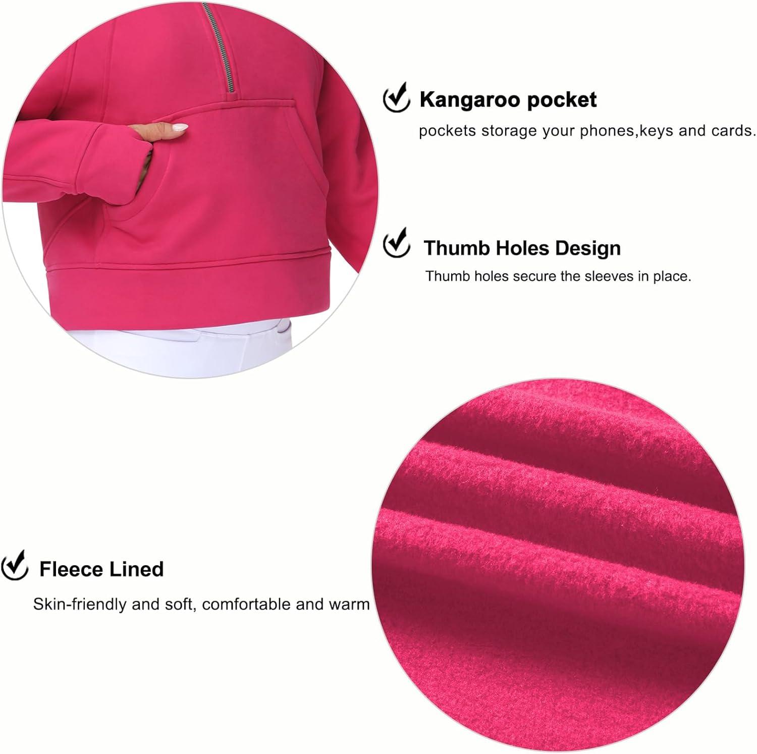 imageTHE GYM PEOPLE Womens Hoodies Half Zip Long Sleeve Fleece Crop Pullover Sweatshirts with Pockets Thumb HoleBright Pink