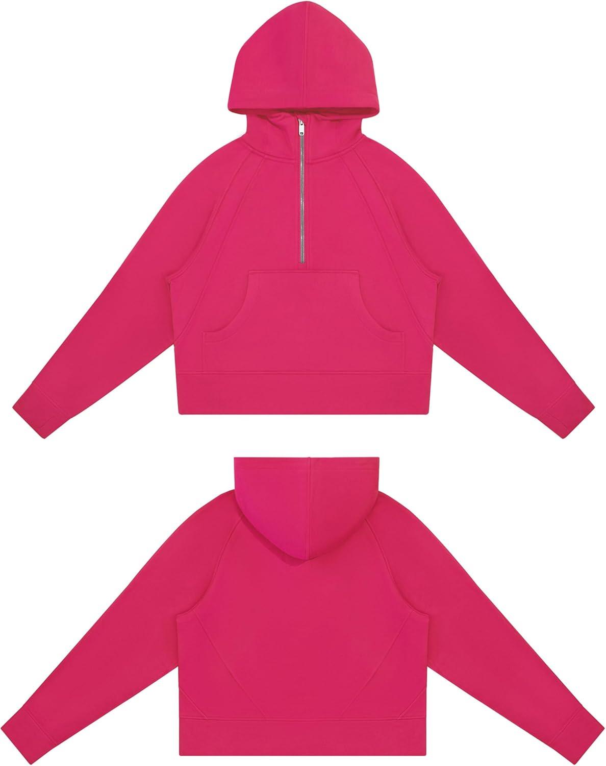imageTHE GYM PEOPLE Womens Hoodies Half Zip Long Sleeve Fleece Crop Pullover Sweatshirts with Pockets Thumb HoleBright Pink