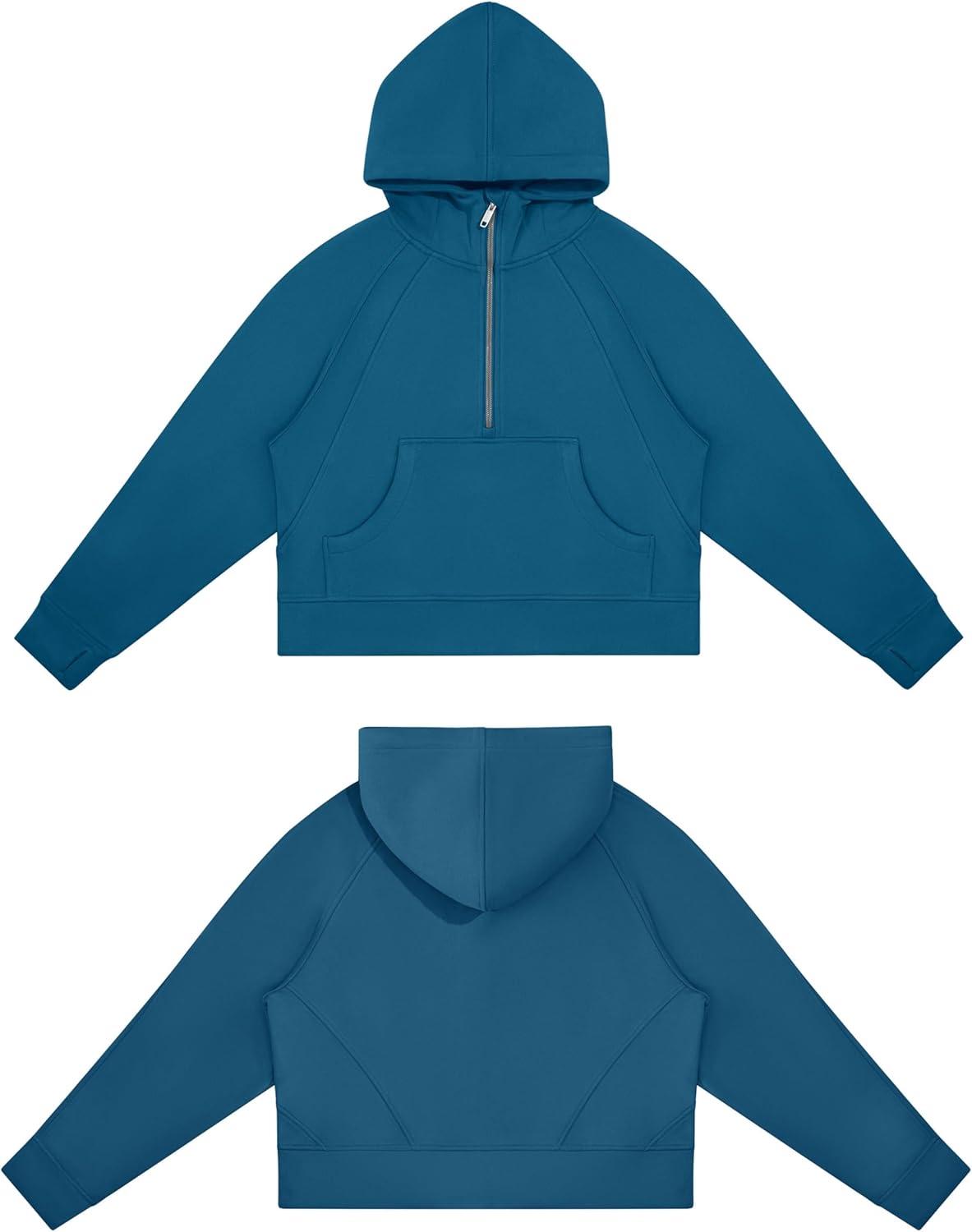 imageTHE GYM PEOPLE Womens Hoodies Half Zip Long Sleeve Fleece Crop Pullover Sweatshirts with Pockets Thumb HoleDark Blue Green
