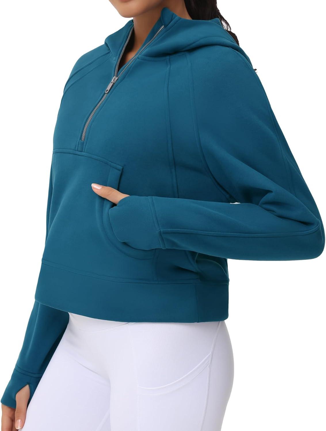 imageTHE GYM PEOPLE Womens Hoodies Half Zip Long Sleeve Fleece Crop Pullover Sweatshirts with Pockets Thumb HoleDark Blue Green