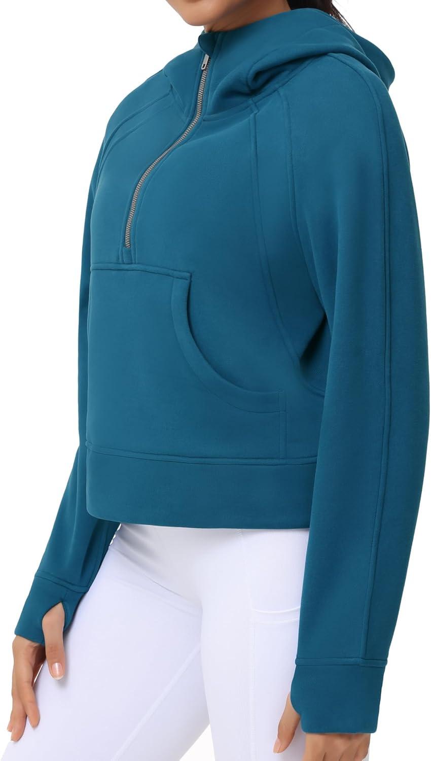 imageTHE GYM PEOPLE Womens Hoodies Half Zip Long Sleeve Fleece Crop Pullover Sweatshirts with Pockets Thumb HoleDark Blue Green