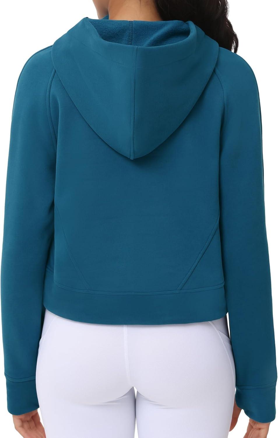 imageTHE GYM PEOPLE Womens Hoodies Half Zip Long Sleeve Fleece Crop Pullover Sweatshirts with Pockets Thumb HoleDark Blue Green