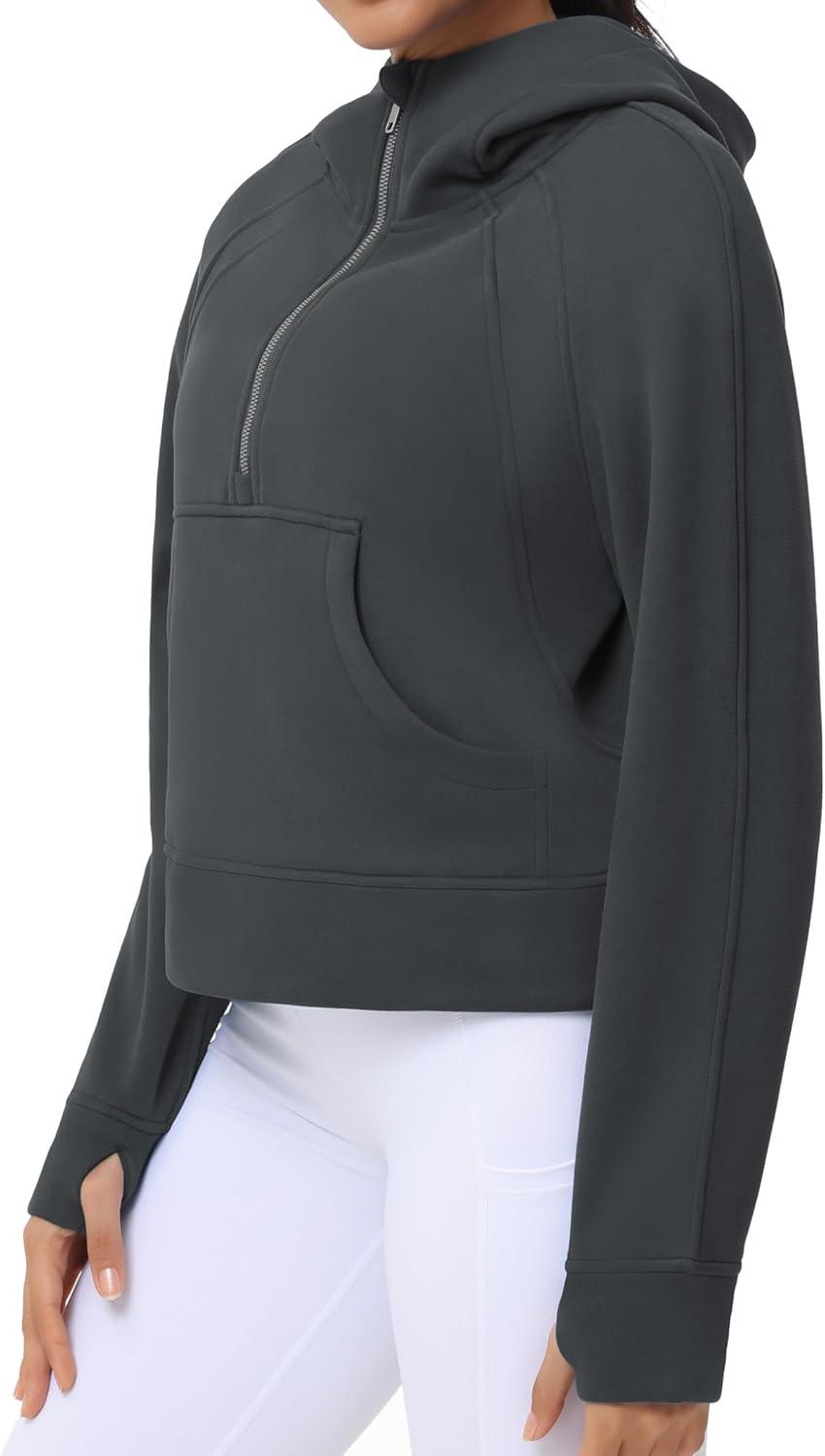 imageTHE GYM PEOPLE Womens Hoodies Half Zip Long Sleeve Fleece Crop Pullover Sweatshirts with Pockets Thumb HoleDark Grey
