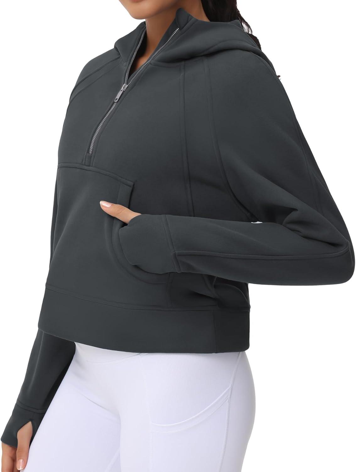 imageTHE GYM PEOPLE Womens Hoodies Half Zip Long Sleeve Fleece Crop Pullover Sweatshirts with Pockets Thumb HoleDark Grey