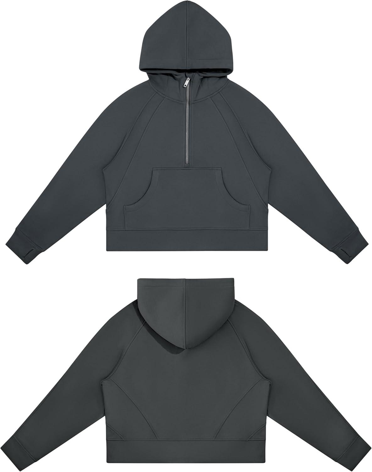 imageTHE GYM PEOPLE Womens Hoodies Half Zip Long Sleeve Fleece Crop Pullover Sweatshirts with Pockets Thumb HoleDark Grey