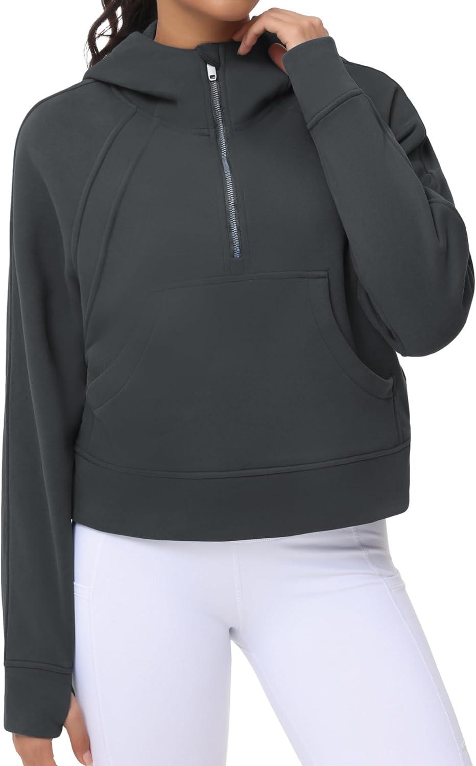 imageTHE GYM PEOPLE Womens Hoodies Half Zip Long Sleeve Fleece Crop Pullover Sweatshirts with Pockets Thumb HoleDark Grey