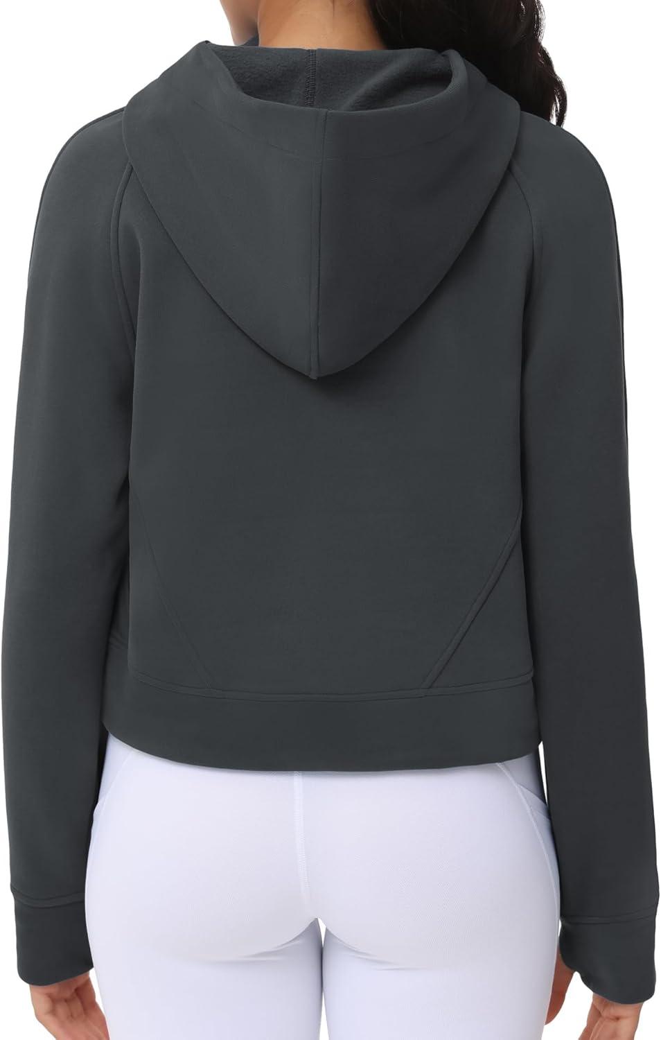 imageTHE GYM PEOPLE Womens Hoodies Half Zip Long Sleeve Fleece Crop Pullover Sweatshirts with Pockets Thumb HoleDark Grey