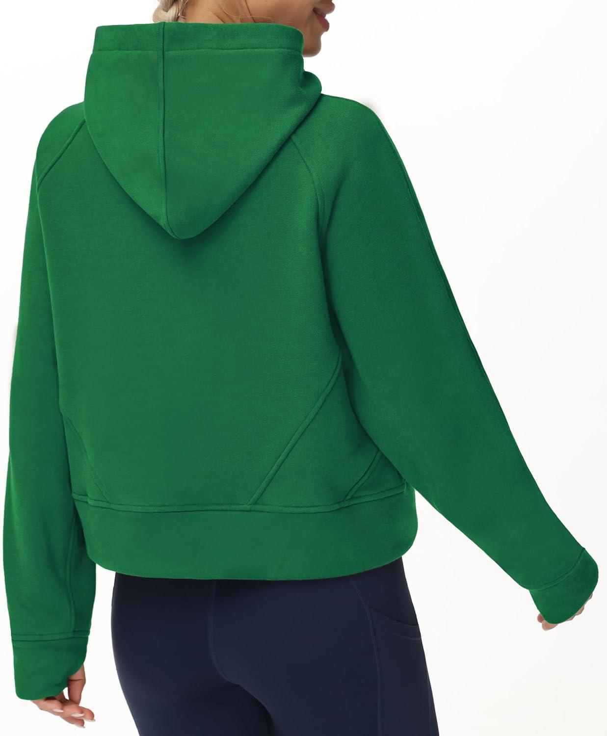imageTHE GYM PEOPLE Womens Hoodies Half Zip Long Sleeve Fleece Crop Pullover Sweatshirts with Pockets Thumb HoleGreen