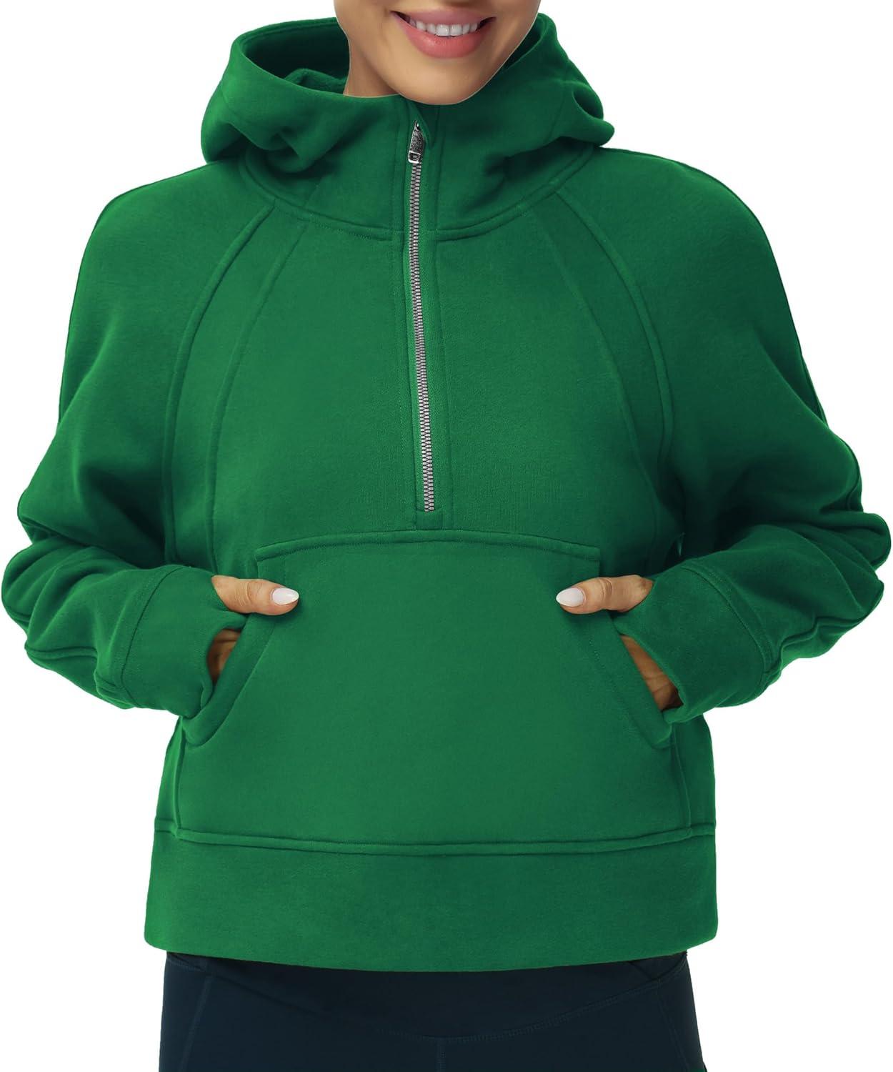 imageTHE GYM PEOPLE Womens Hoodies Half Zip Long Sleeve Fleece Crop Pullover Sweatshirts with Pockets Thumb HoleGreen