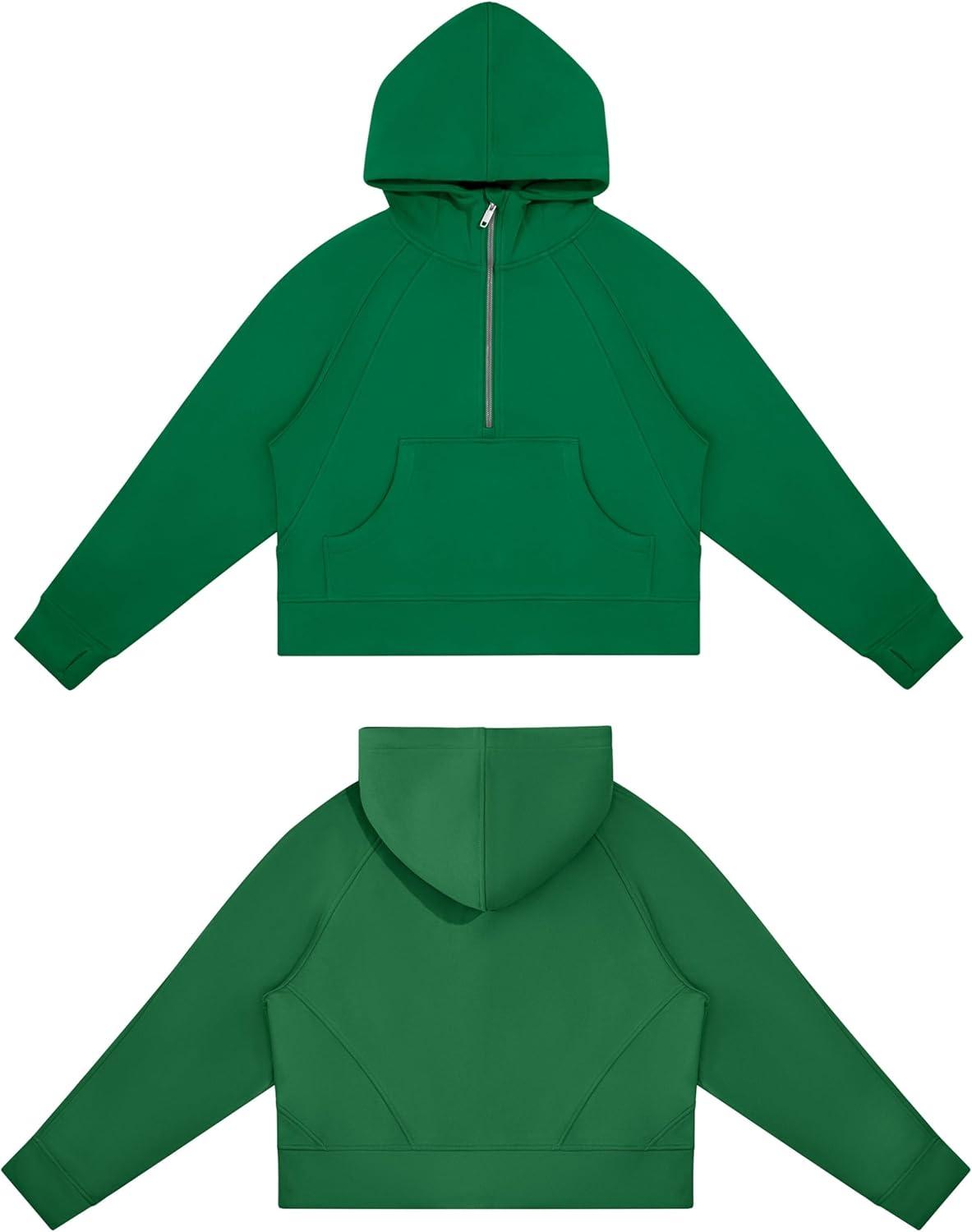 imageTHE GYM PEOPLE Womens Hoodies Half Zip Long Sleeve Fleece Crop Pullover Sweatshirts with Pockets Thumb HoleGreen